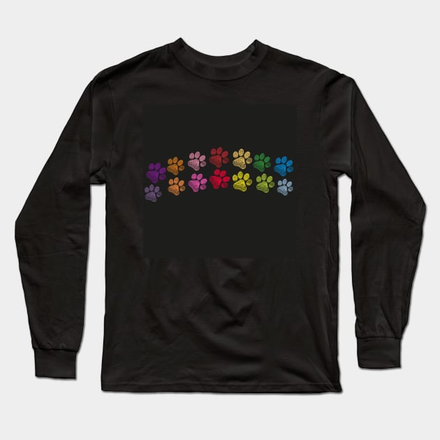 Cute doodle hand drawn colorful paw prints foot step vector black background Long Sleeve T-Shirt by GULSENGUNEL